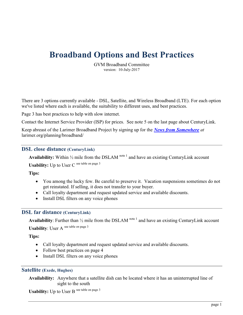 Broadband Options and Best Practices GVM Broadband Committee Version: 10-July-2017