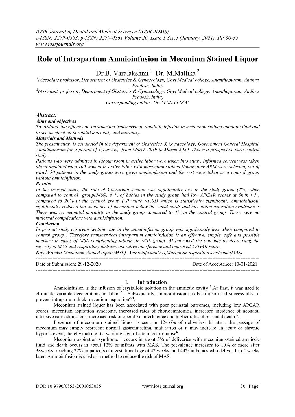 Role of Intrapartum Amnioinfusion in Meconium Stained Liquor