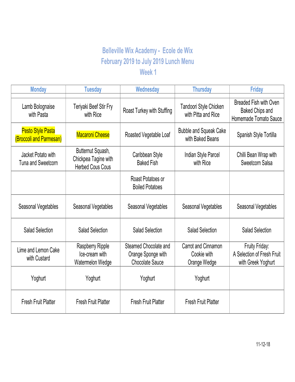 Belleville Wix Academy - Ecole De Wix February 2019 to July 2019 Lunch Menu Week 1