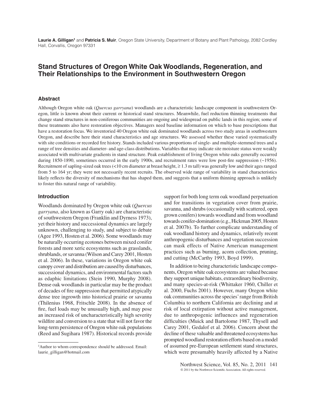 Stand Structures of Oregon White Oak Woodlands, Regeneration, and Their Relationships to the Environment in Southwestern Oregon