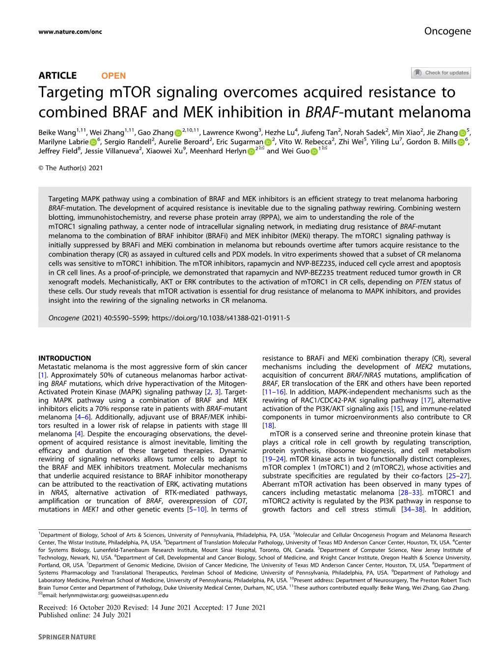 Targeting Mtor Signaling Overcomes Acquired Resistance to Combined BRAF and MEK Inhibition in BRAF-Mutant Melanoma