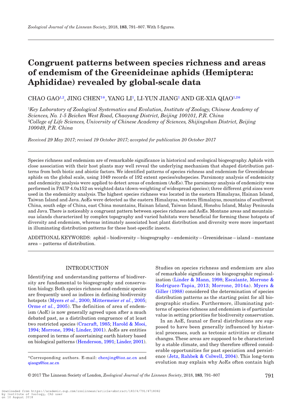 Congruent Patterns Between Species Richness and Areas of Endemism of the Greenideinae Aphids (Hemiptera: Aphididae) Revealed by Global-Scale Data