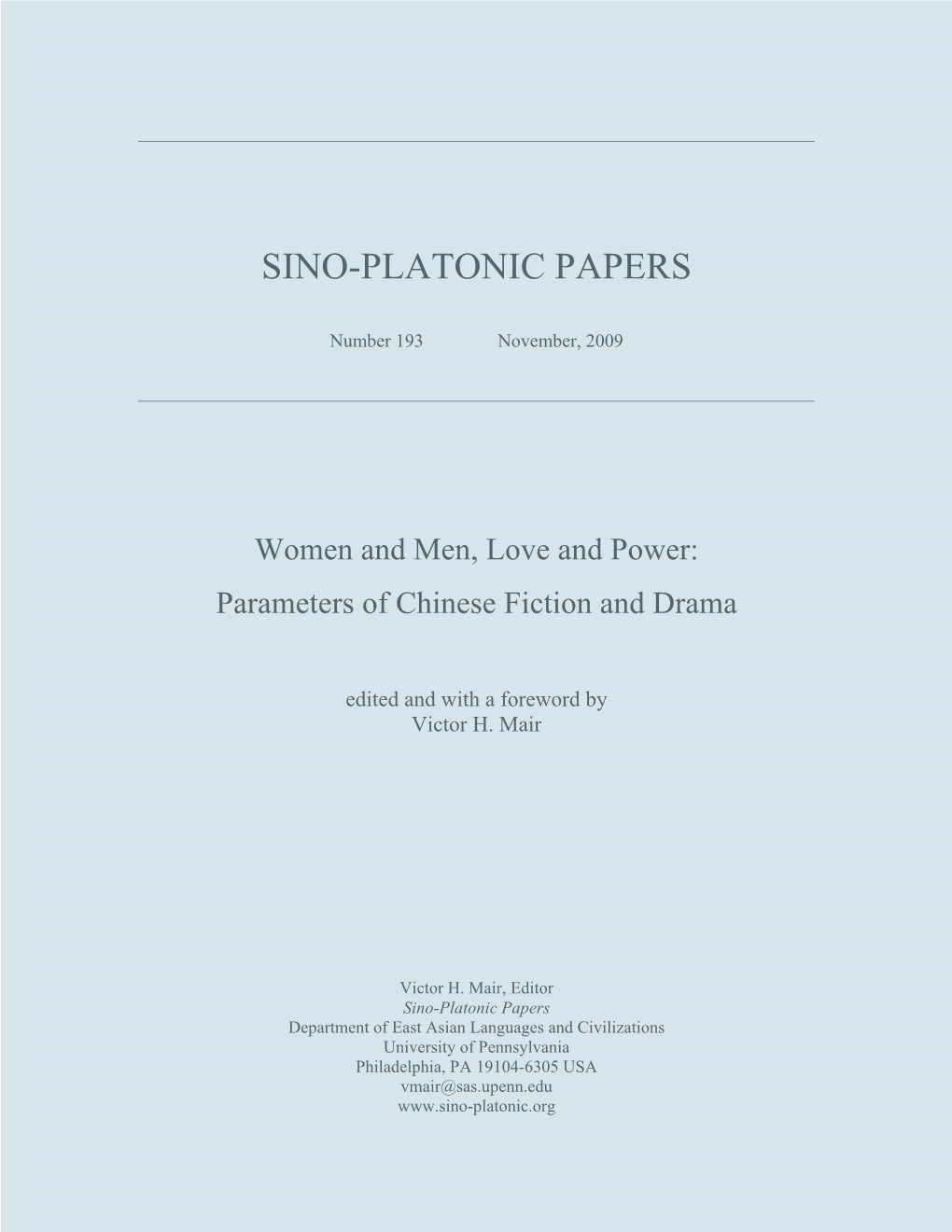 Women and Men, Love and Power: Parameters of Chinese Fiction and Drama