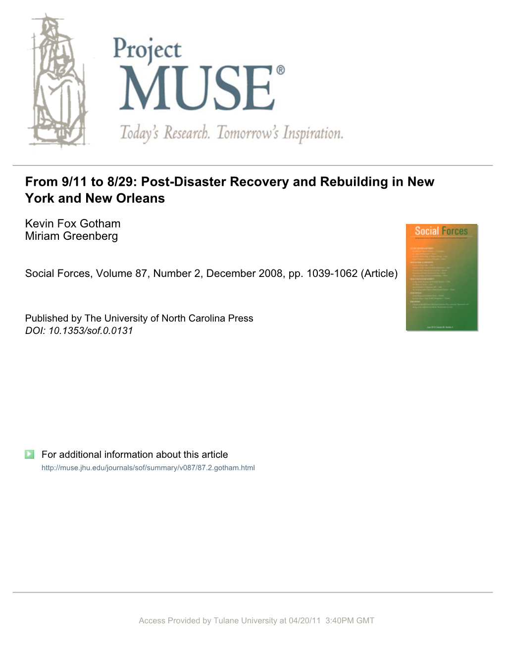 From 9/11 to 8/29: Post-Disaster Recovery and Rebuilding in New York and New Orleans