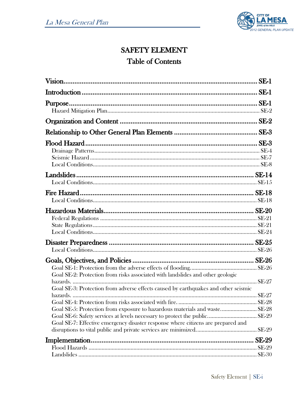 SAFETY ELEMENT Table of Contents