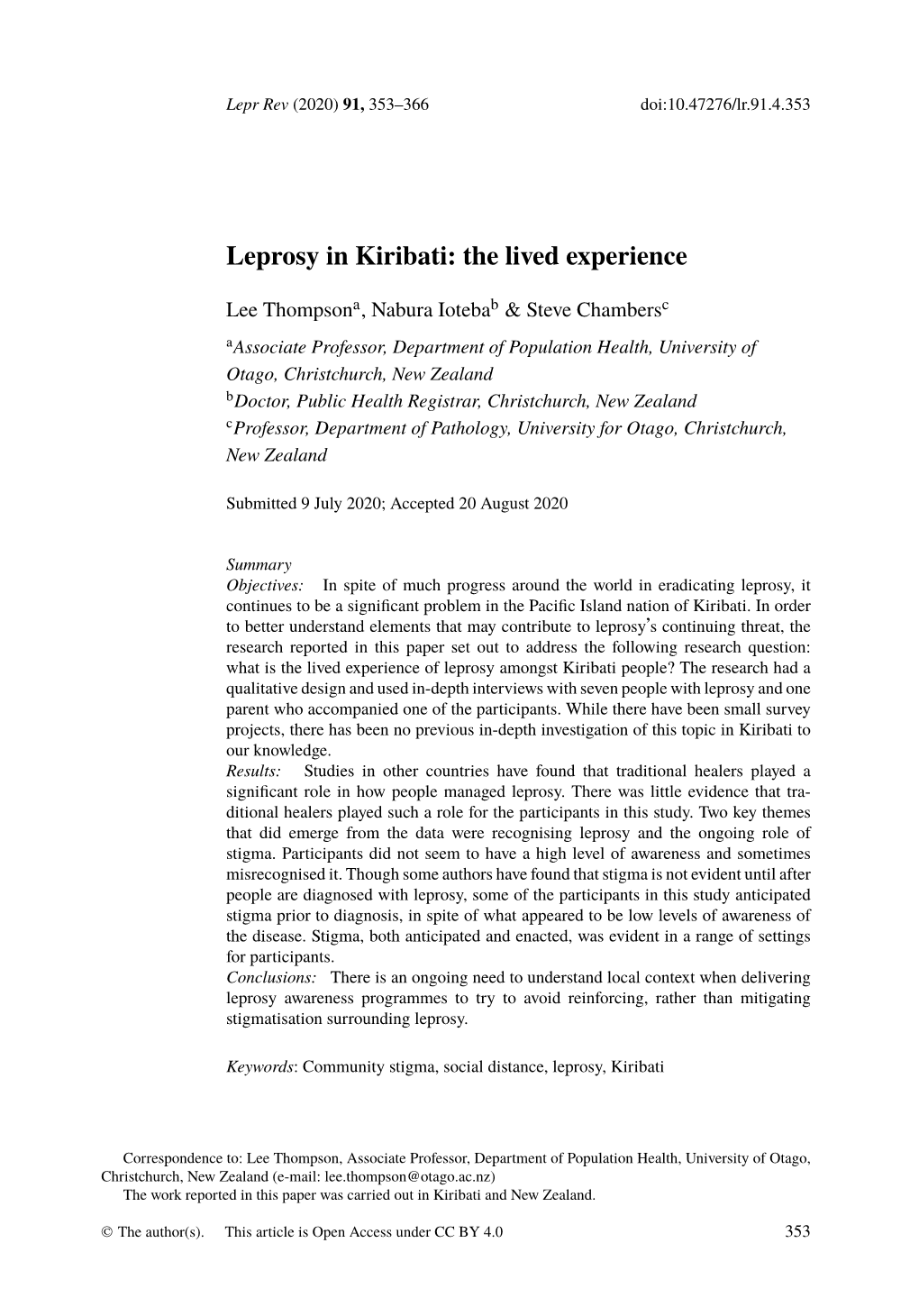 Leprosy in Kiribati: the Lived Experience