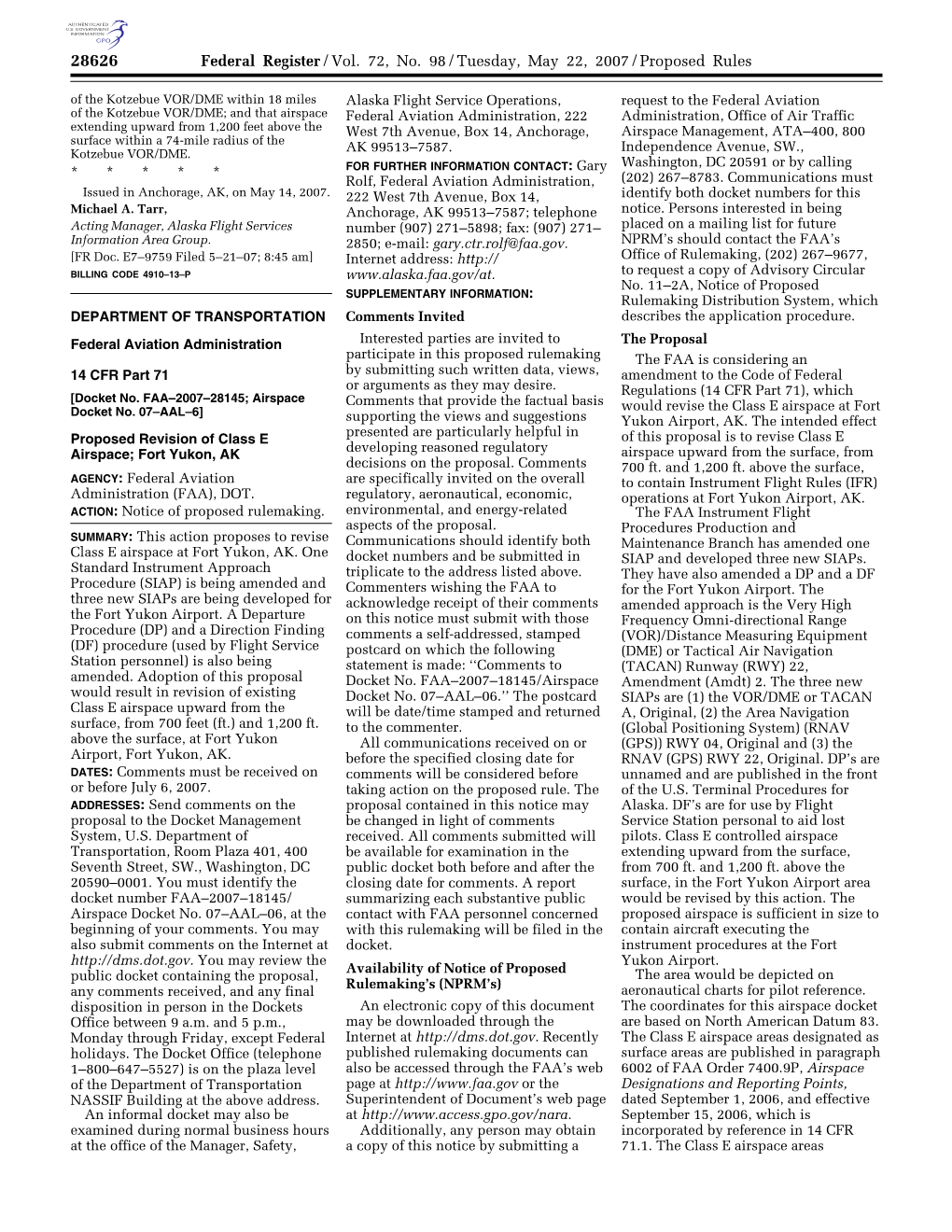 Federal Register/Vol. 72, No. 98/Tuesday, May 22, 2007/Proposed Rules