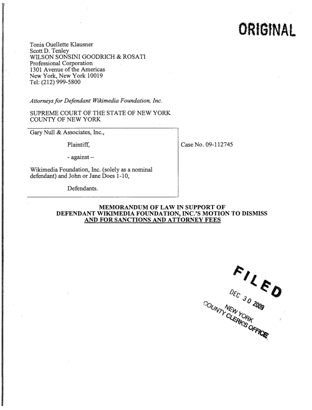 Memorandum to Support Motioin to Dismiss Suit by Garyt