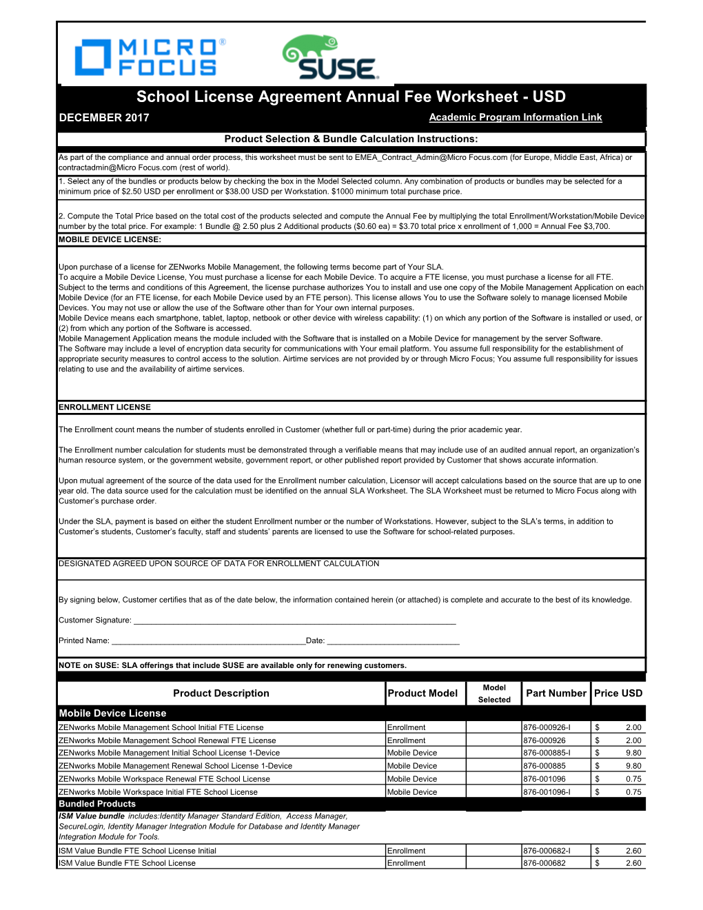 School License Agreement Annual Fee Worksheet - USD DECEMBER 2017 Academic Program Information Link