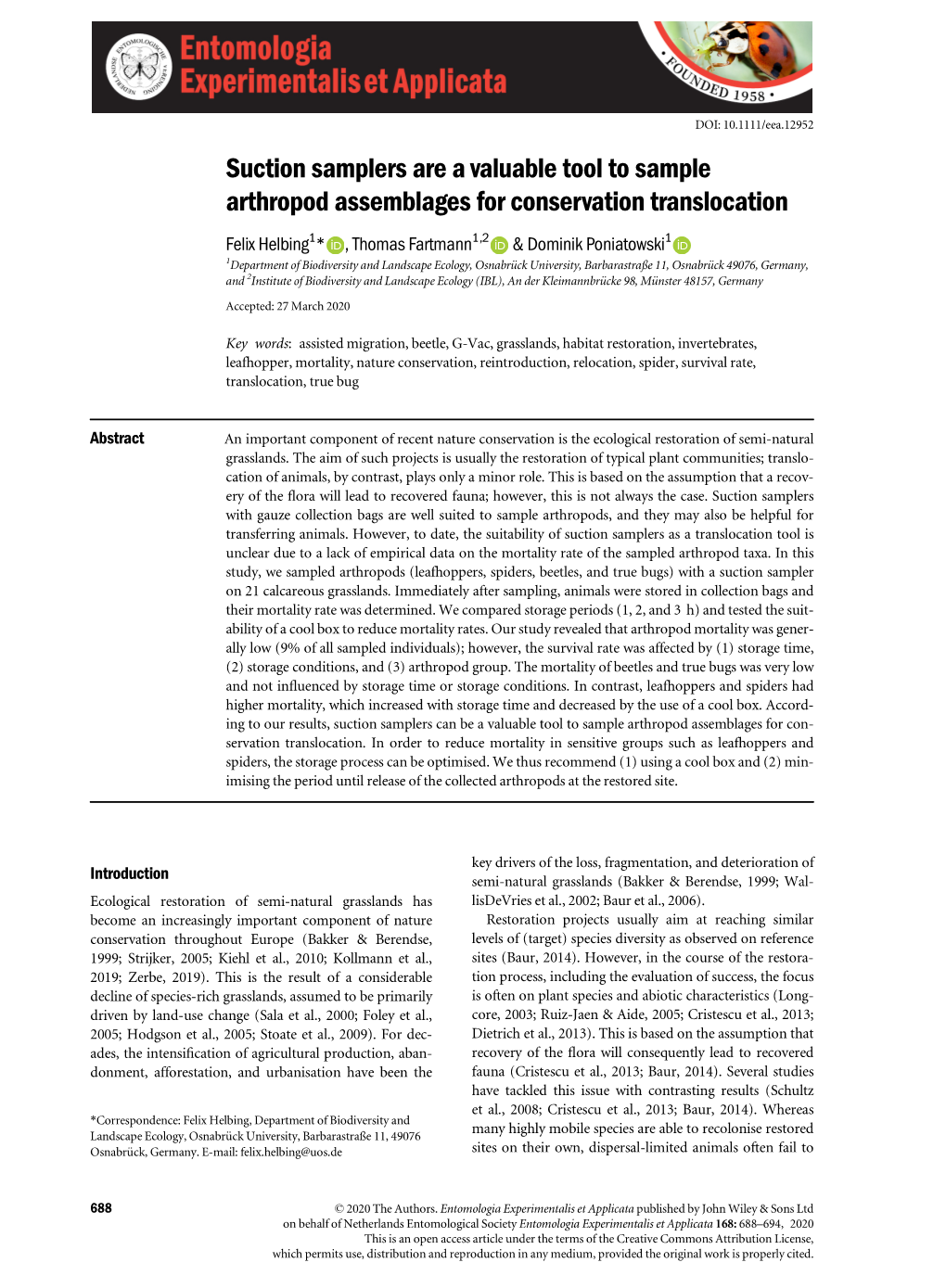 Suction Samplers Are a Valuable Tool to Sample Arthropod Assemblages for Conservation Translocation