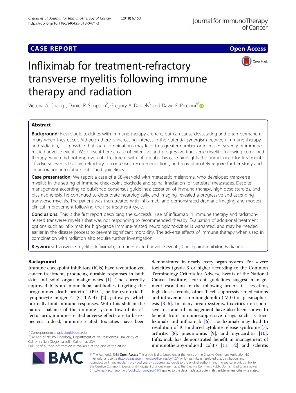 Infliximab for Treatment-Refractory Transverse Myelitis Following Immune Therapy and Radiation Victoria A