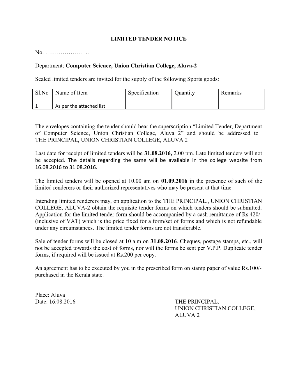 Limited Tender Notice