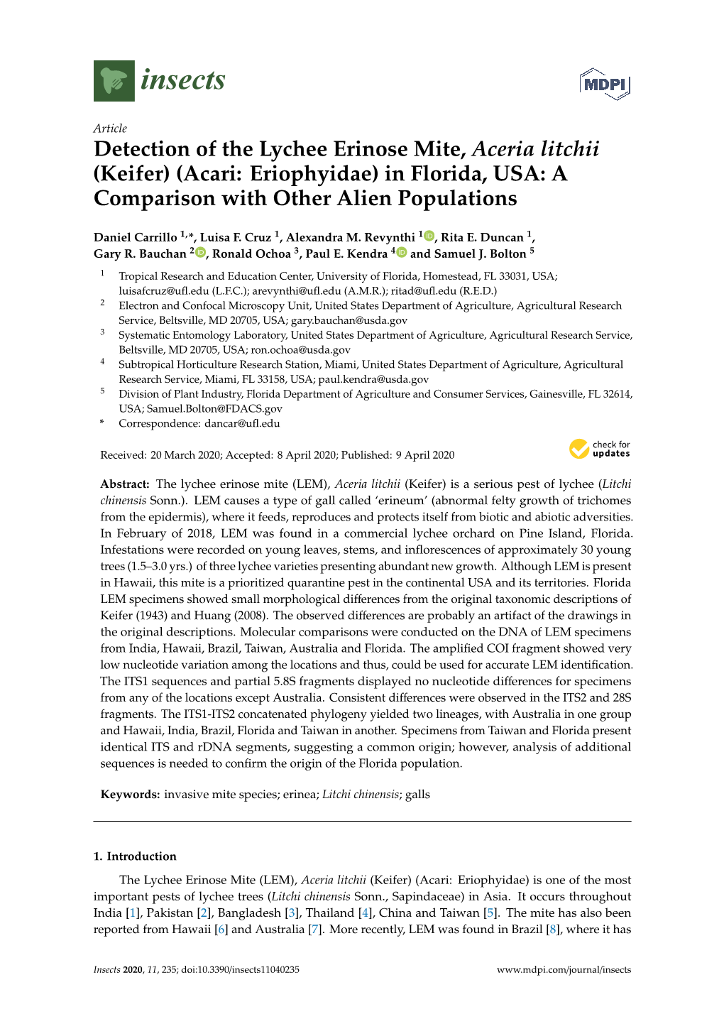 Detection of the Lychee Erinose Mite, Aceria Litchii (Keifer) (Acari: Eriophyidae) in Florida, USA: a Comparison with Other Alien Populations