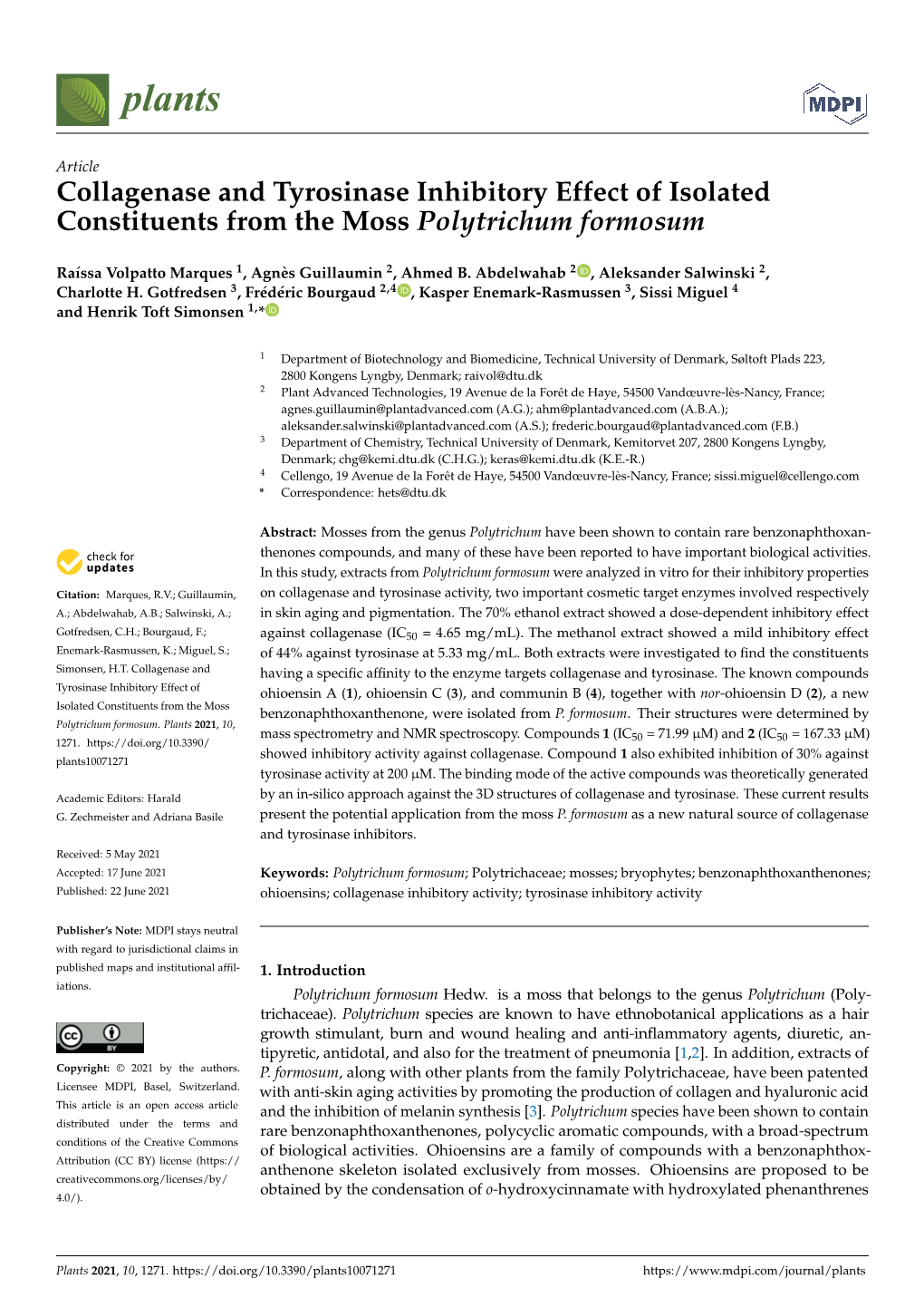 Collagenase and Tyrosinase Inhibitory Effect of Isolated Constituents from the Moss Polytrichum Formosum