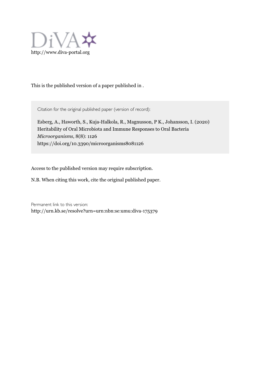 Heritability of Oral Microbiota and Immune Responses to Oral Bacteria Microorganisms, 8(8): 1126