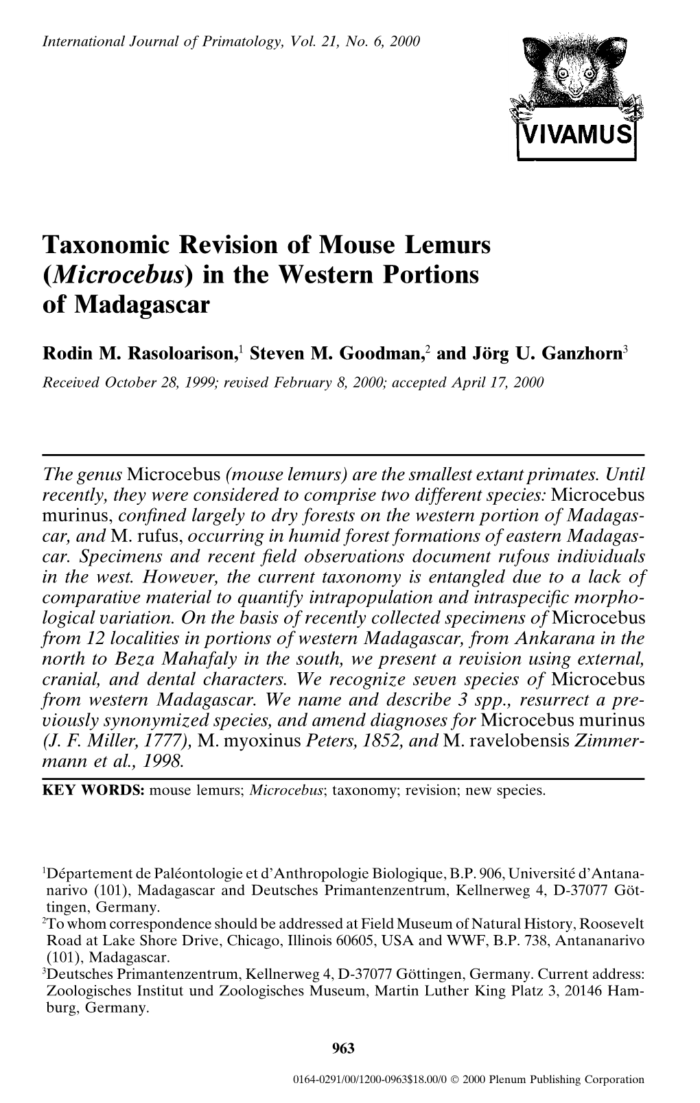 Taxonomic Revision of Mouse Lemurs (Microcebus) in the Western Portions of Madagascar