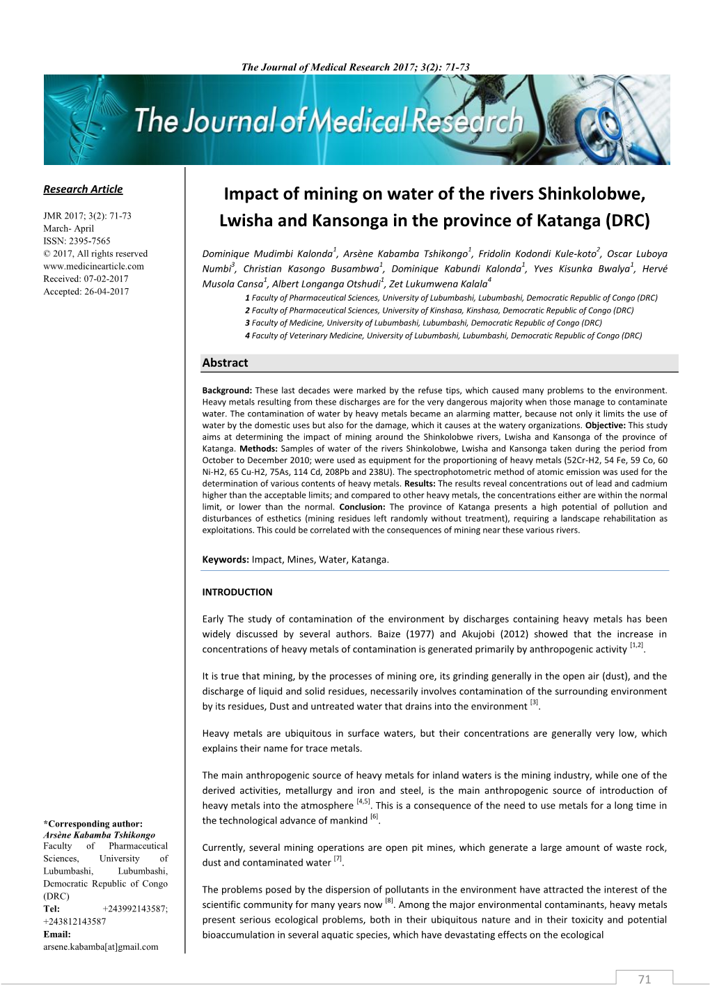 Impact of Mining on Water of the Rivers Shinkolobwe, Lwisha And