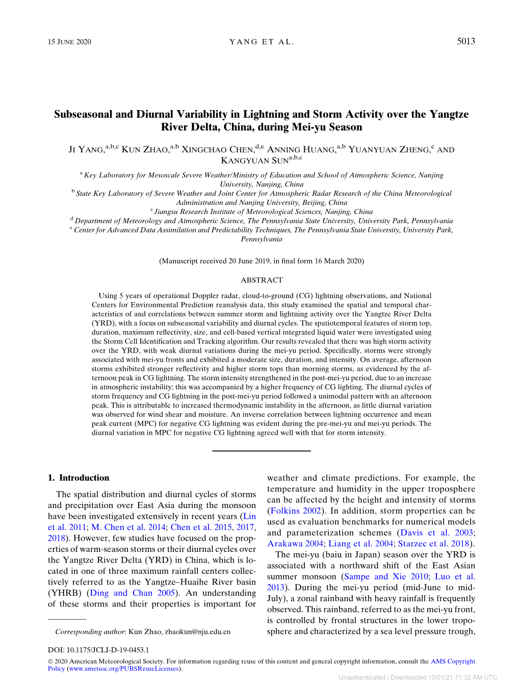 Subseasonal and Diurnal Variability in Lightning and Storm Activity Over the Yangtze River Delta, China, During Mei-Yu Season