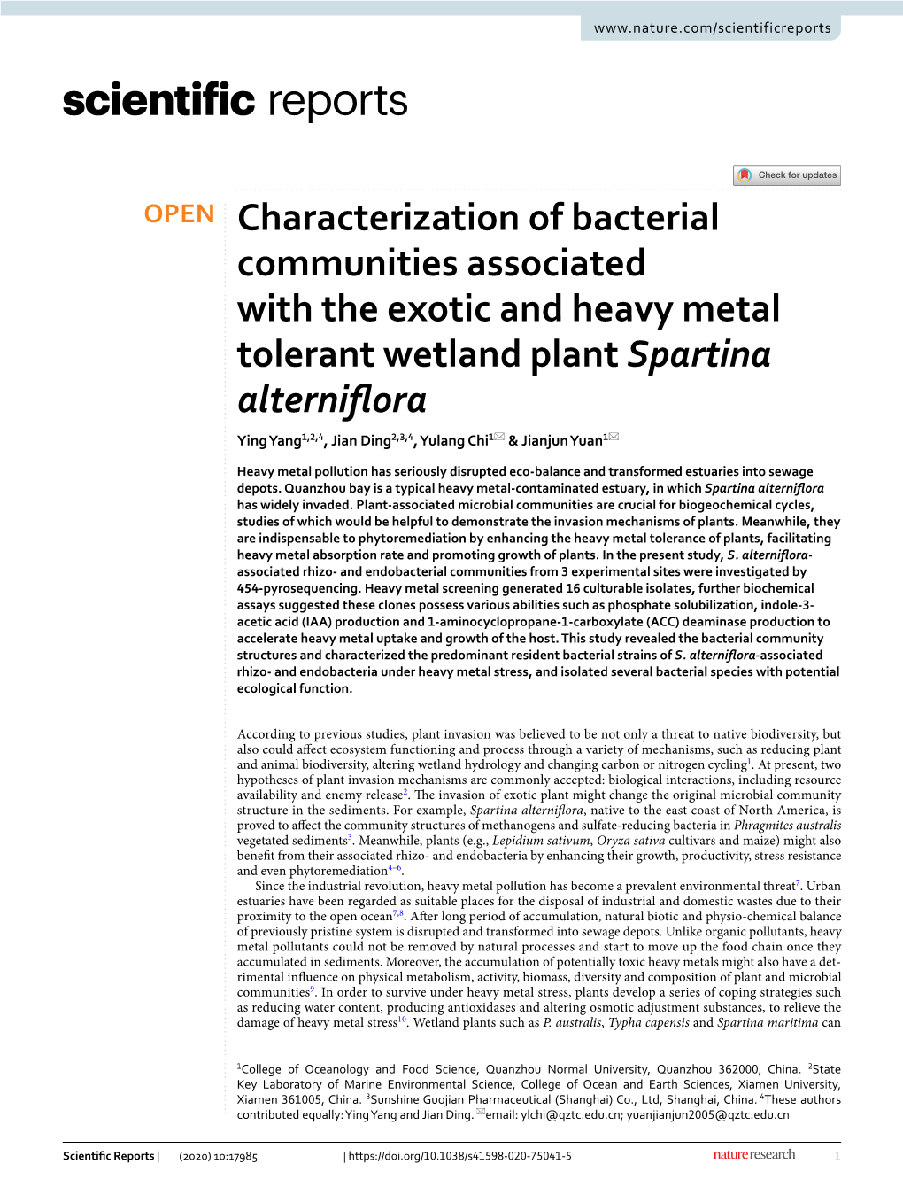 Characterization of Bacterial Communities Associated with the Exotic and Heavy Metal Tolerant Wetland Plant Spartina Alterniflor