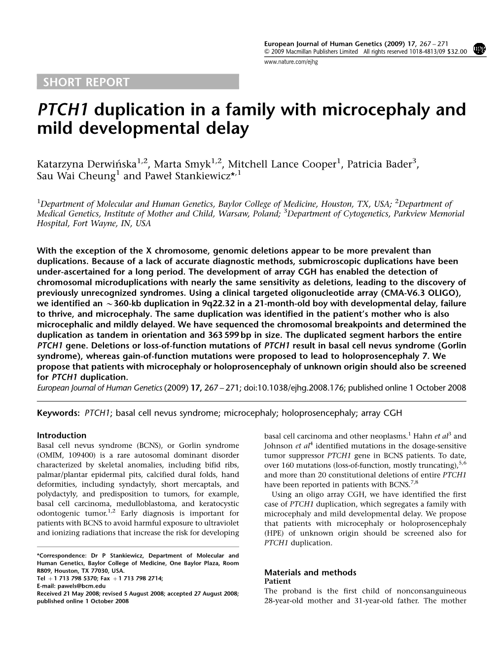 PTCH1 Duplication in a Family with Microcephaly and Mild Developmental Delay