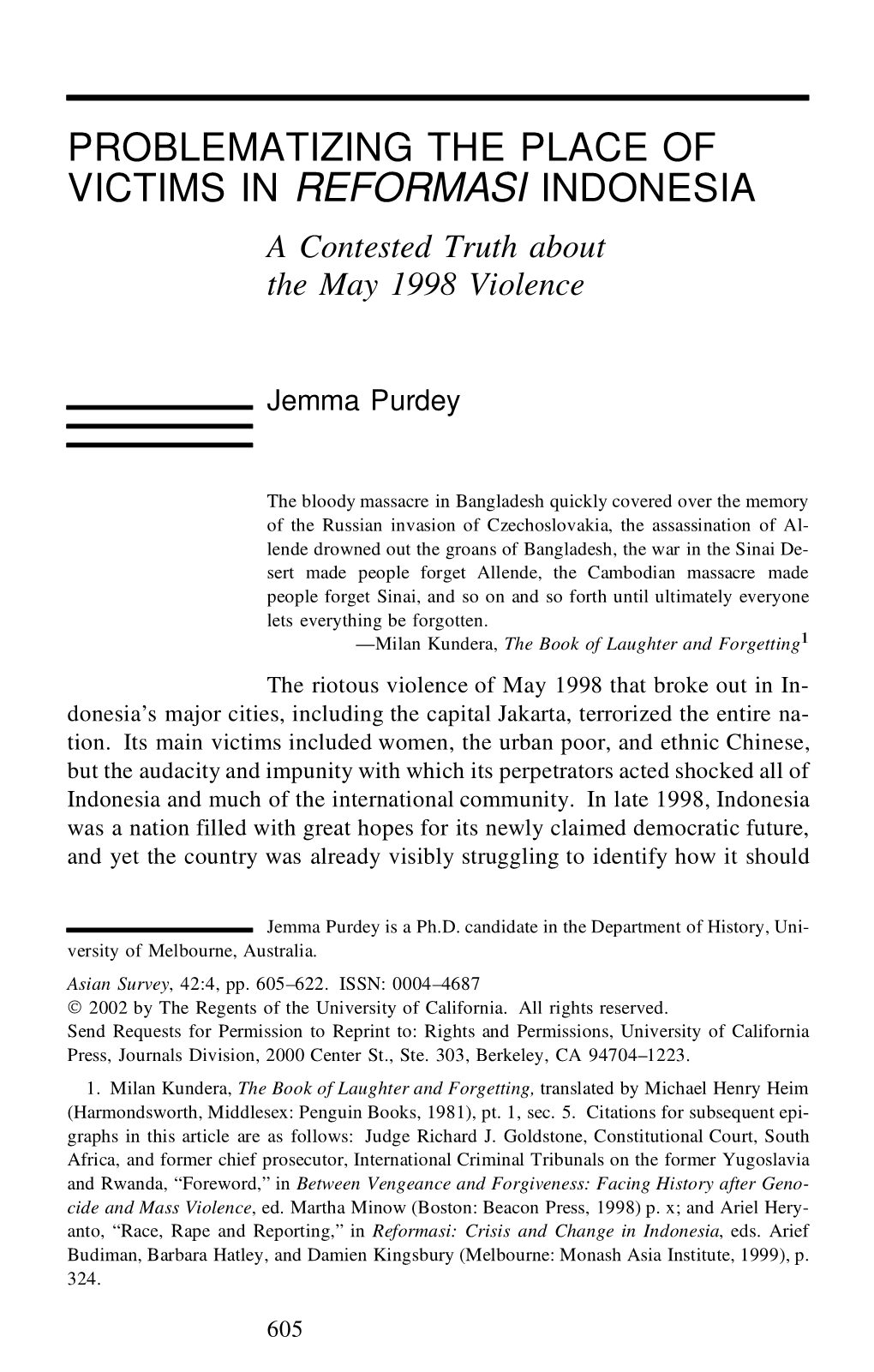 Problematizing the Place of Victims in Reformasi Indonesia: a Contested Truth About the May 1998 Violence