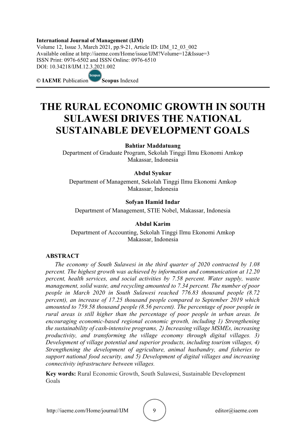 The Rural Economic Growth in South Sulawesi Drives the National Sustainable Development Goals