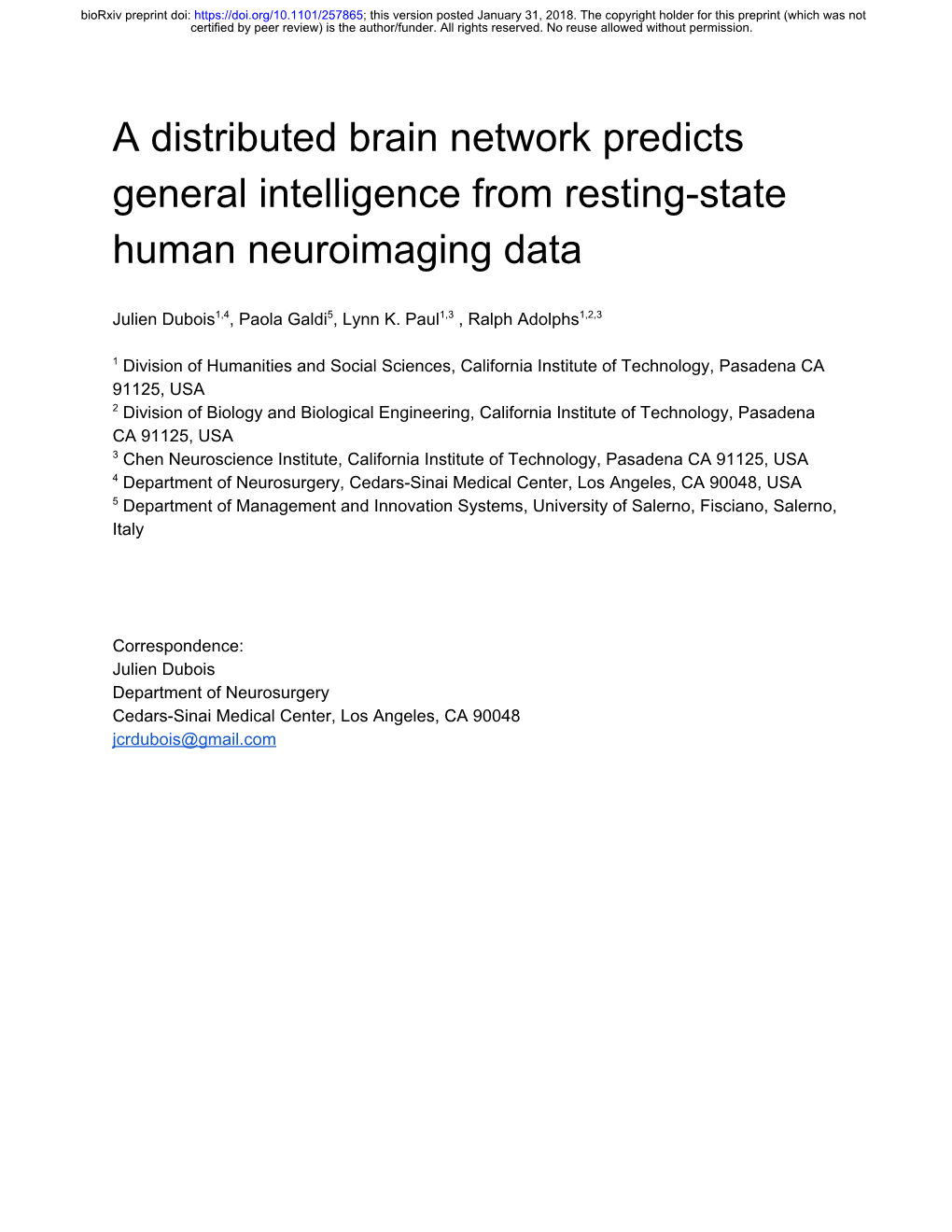 A Distributed Brain Network Predicts General Intelligence from Resting-State Human Neuroimaging Data