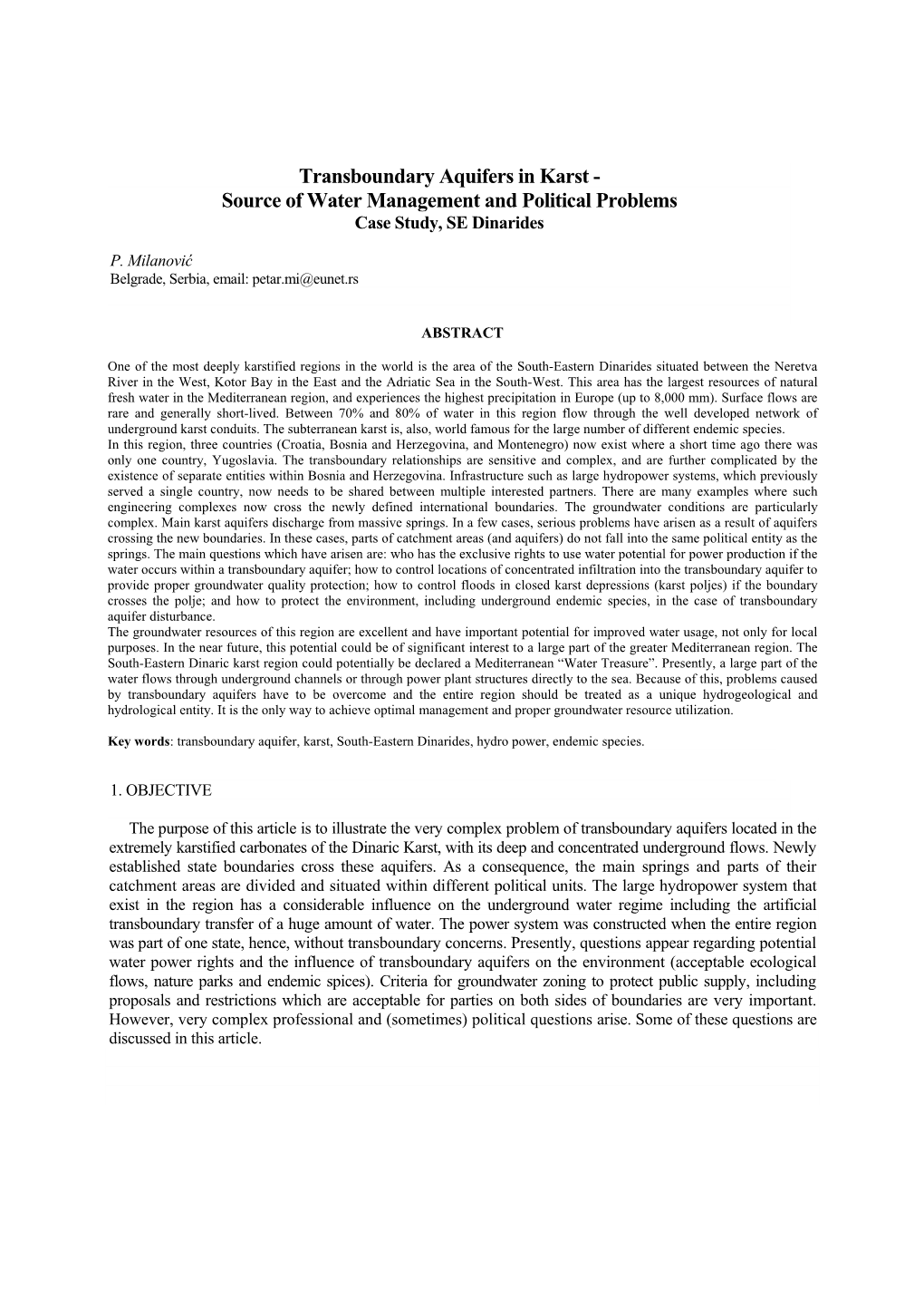 Transboundary Aquifers in Karst - Source of Water Management and Political Problems Case Study, SE Dinarides