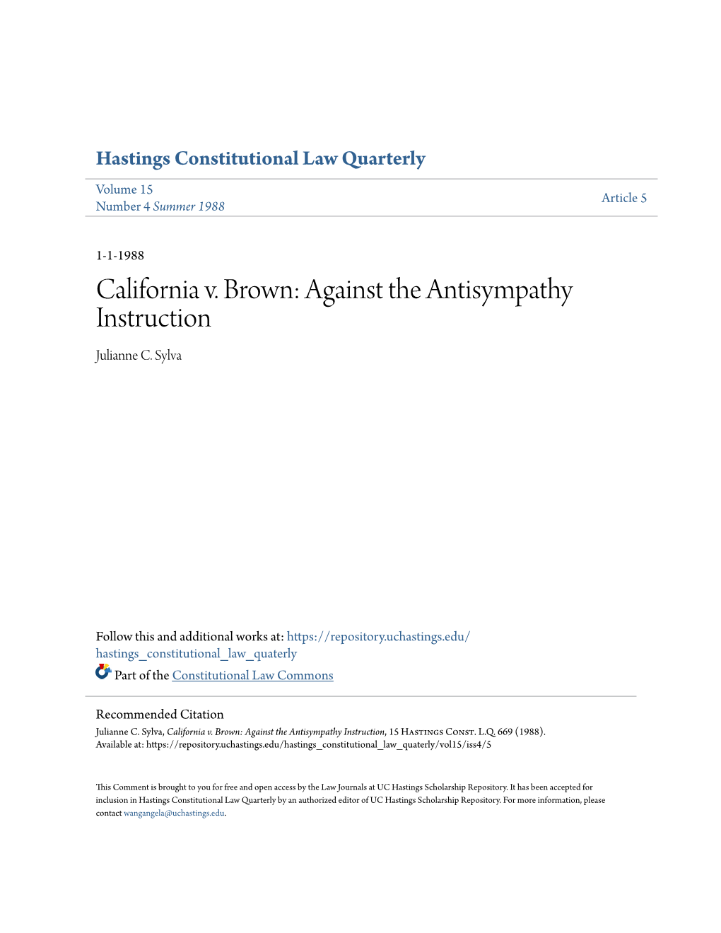 California V. Brown: Against the Antisympathy Instruction Julianne C