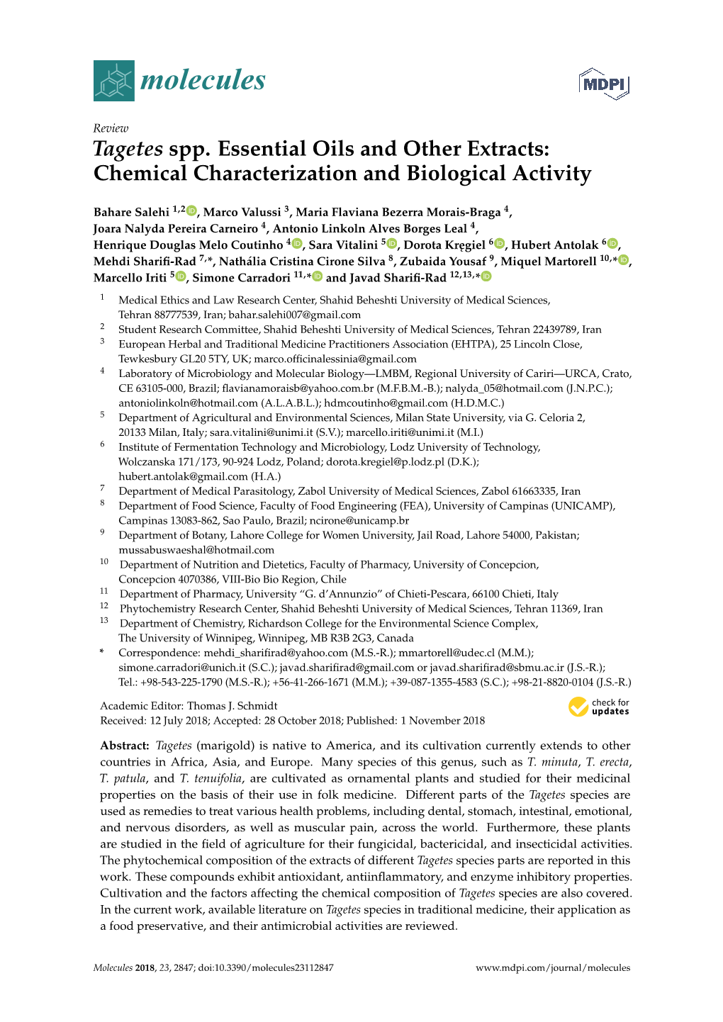 Tagetes Spp. Essential Oils and Other Extracts: Chemical Characterization and Biological Activity