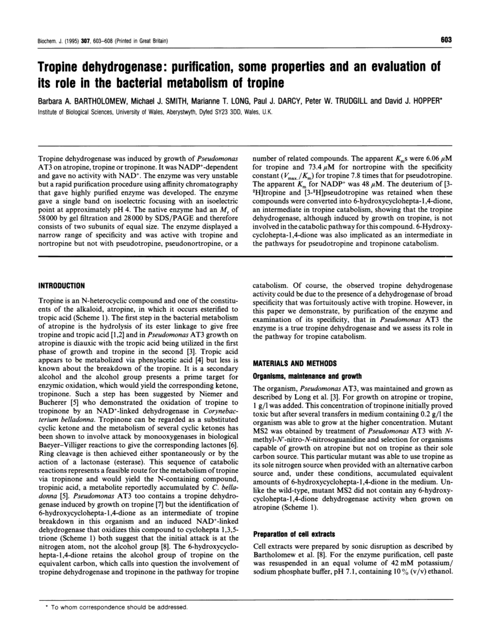 Tropine Dehydrogenase: Purification, Some Properties and an Evaluation of Its Role in the Bacterial Metabolism of Tropine Barbara A