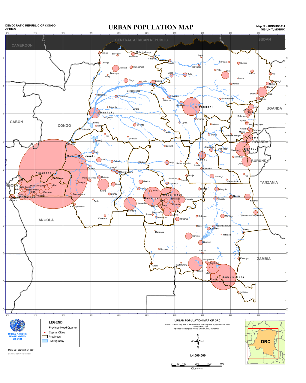 Urban Population Map Gis Unit, Monuc 12°E 14°E 16°E 18°E 20°E 22°E 24°E 26°E 28°E 30°E