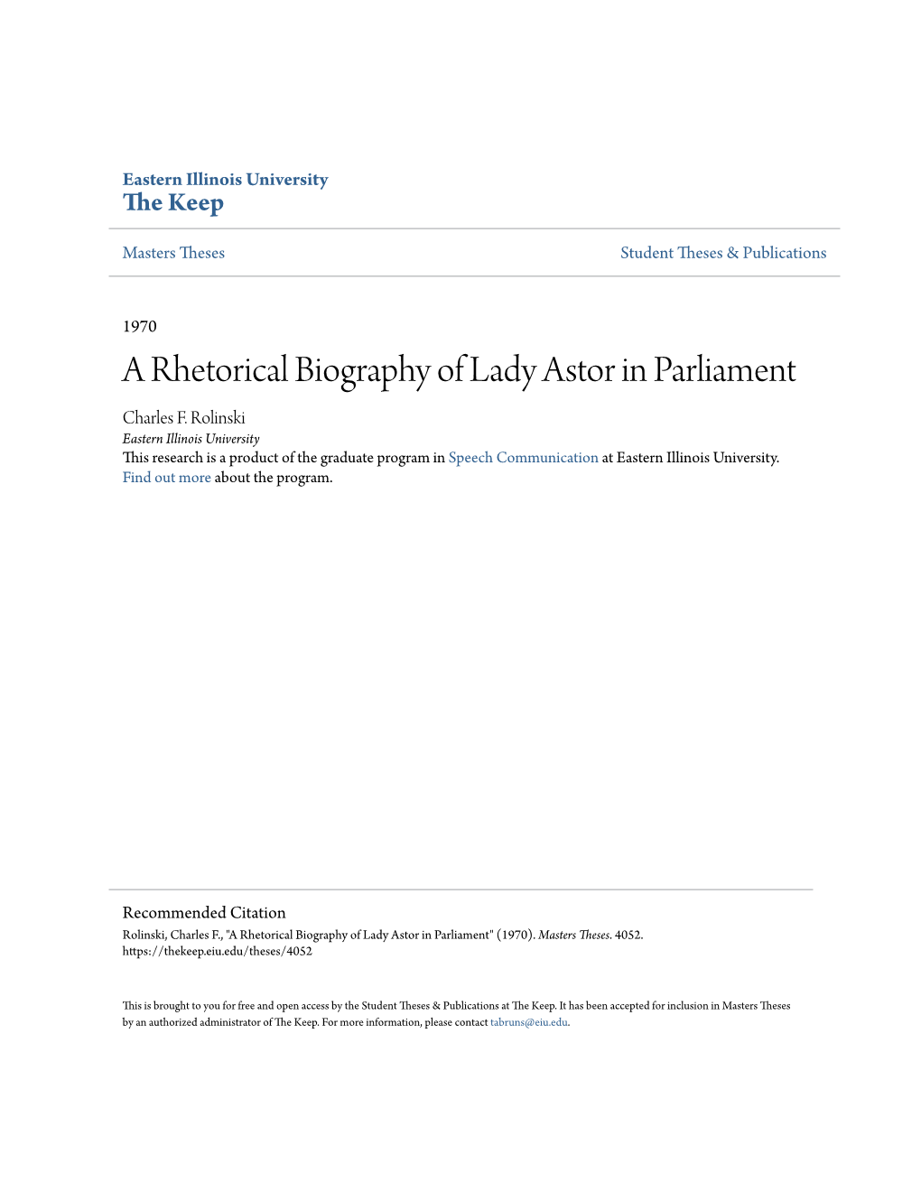 A Rhetorical Biography of Lady Astor in Parliament Charles F