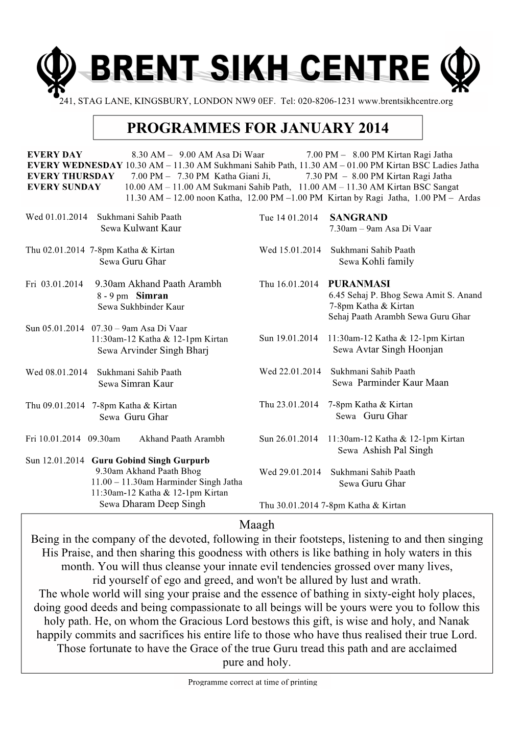 PROGRAMMES for JANUARY 2014 A