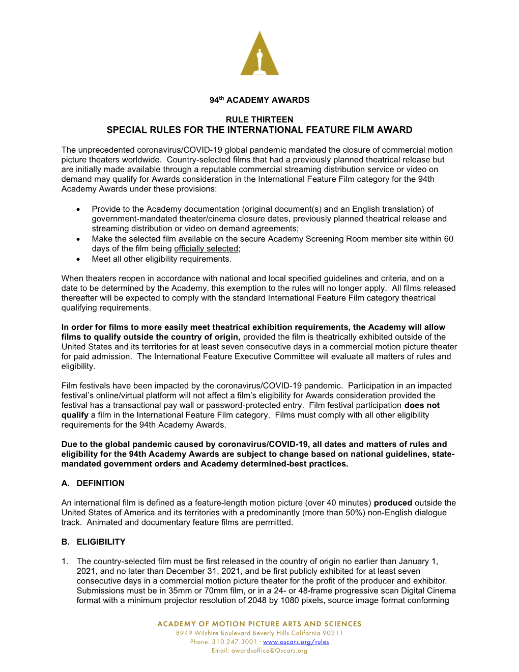 Special Rules for the International Feature Film Award