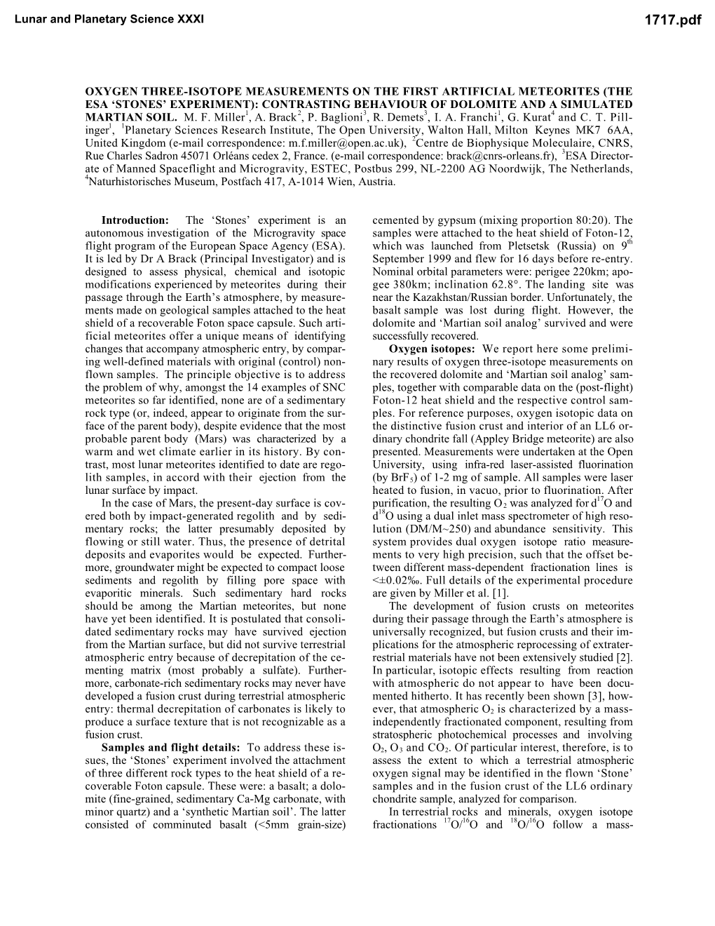 Oxygen Three-Isotope Measurements on the First Artificial Meteorites (The Esa ‘Stones’ Experiment): Contrasting Behaviour of Dolomite and a Simulated Martian Soil