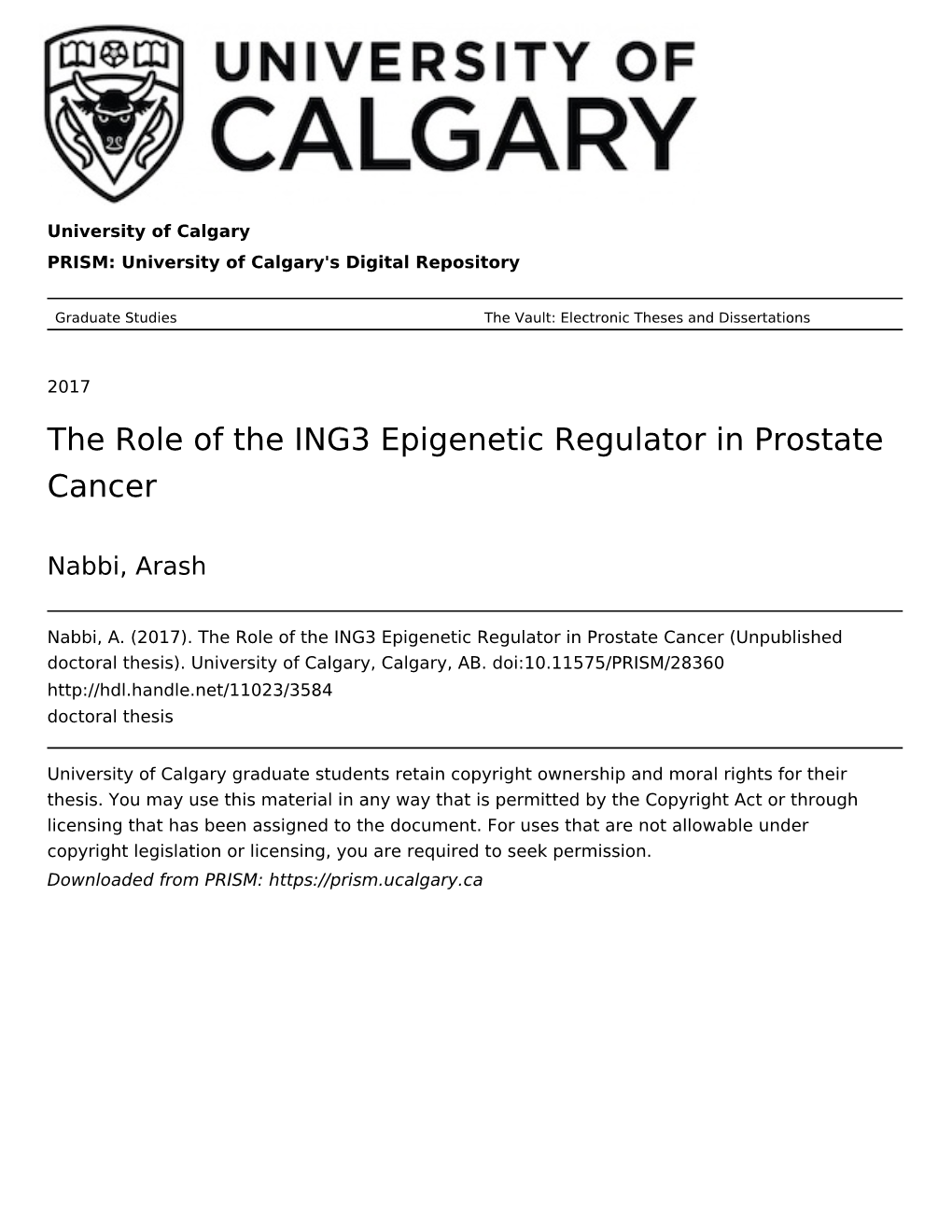 The Role of the ING3 Epigenetic Regulator in Prostate Cancer