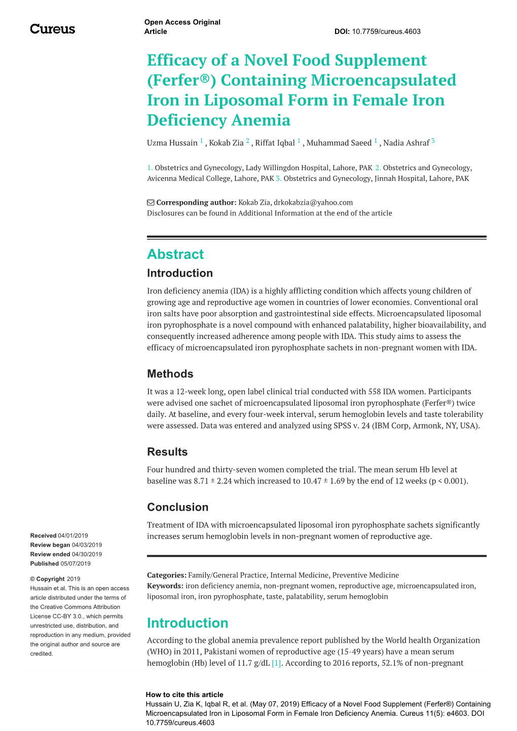 Ferfer®) Containing Microencapsulated Iron in Liposomal Form in Female Iron Deficiency Anemia