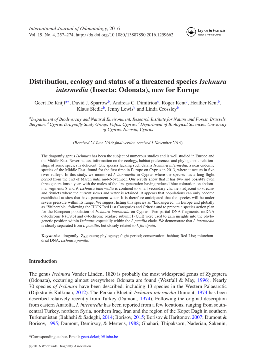 Distribution, Ecology and Status of a Threatened Species Ischnura Intermedia (Insecta: Odonata), New for Europe