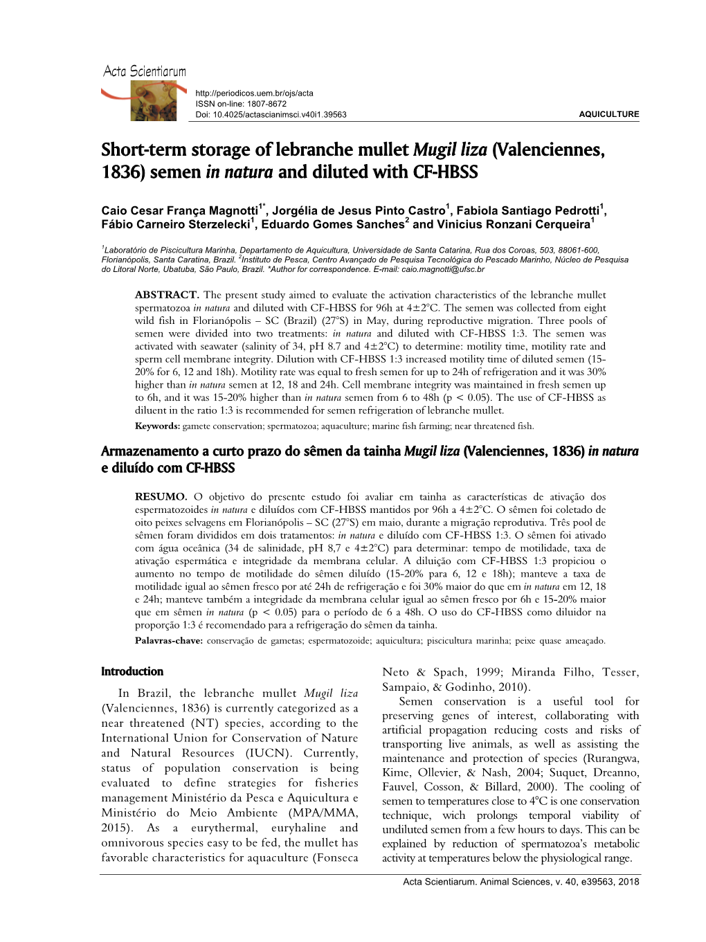 Short-Term Storage of Lebranche Mullet Mugil Liza (Valenciennes, 1836) Semen in Natura and Diluted with CF-HBSS