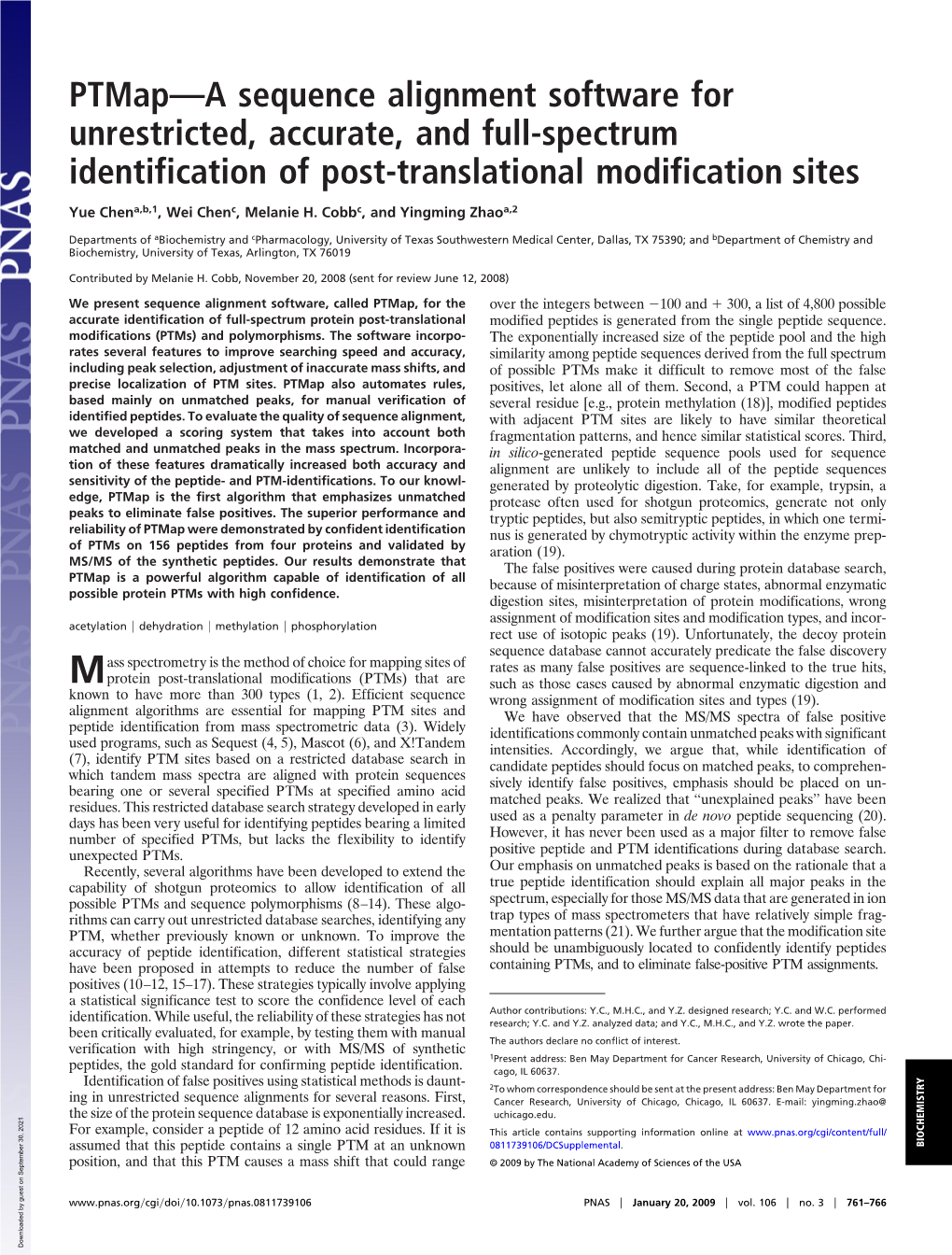 Ptmap—A Sequence Alignment Software for Unrestricted, Accurate, and Full-Spectrum Identification of Post-Translational Modification Sites