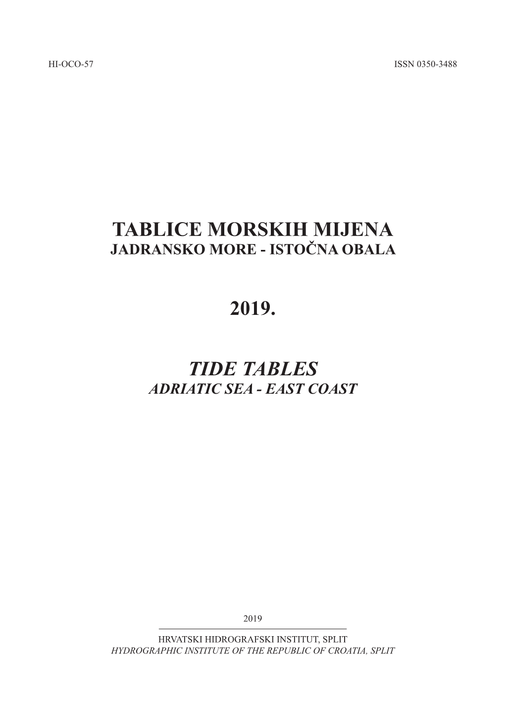 Tablice Morskih Mijena 2019. Tide Tables