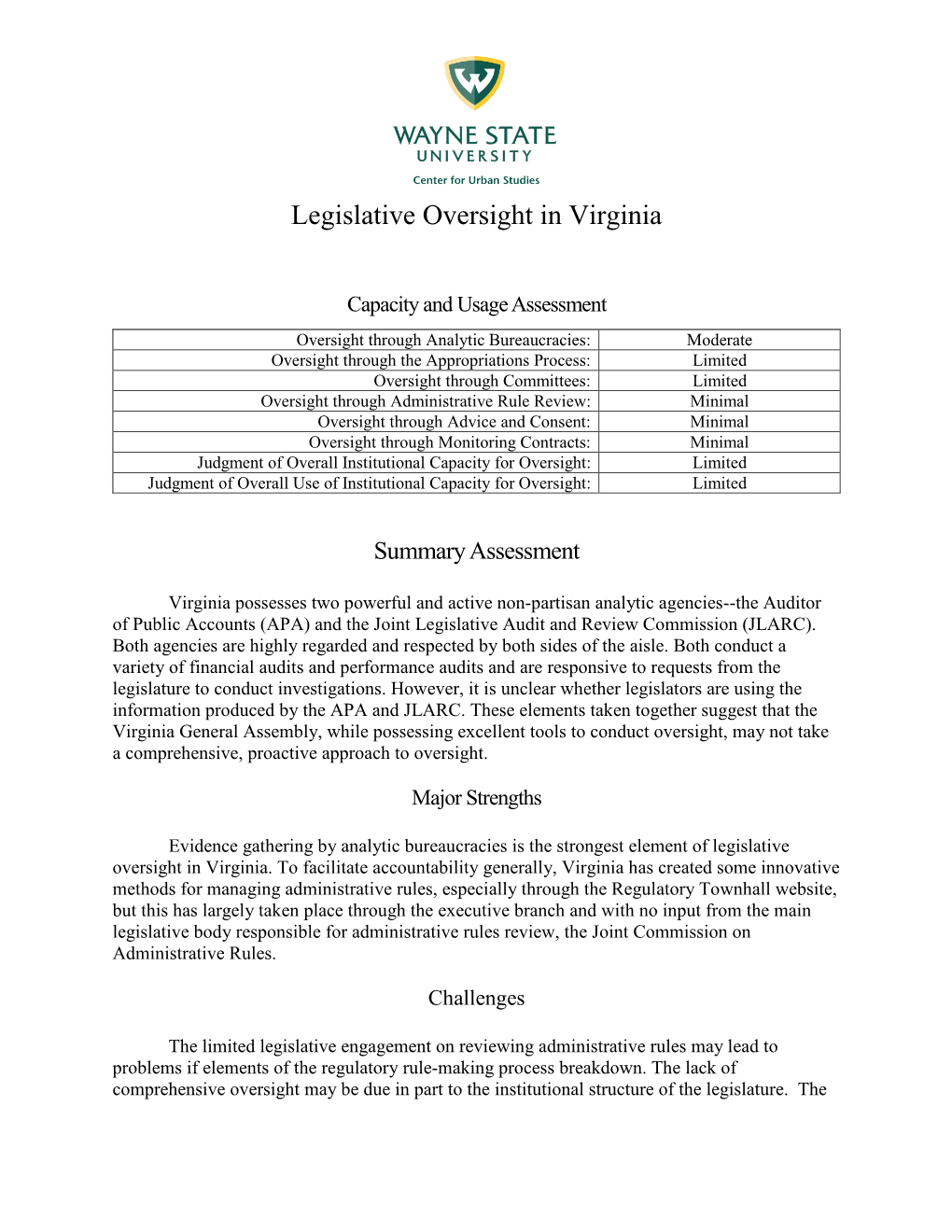 Legislative Oversight in Virginia