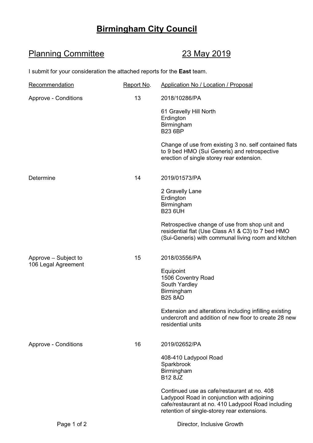 Birmingham City Council Planning Committee 23 May 2019