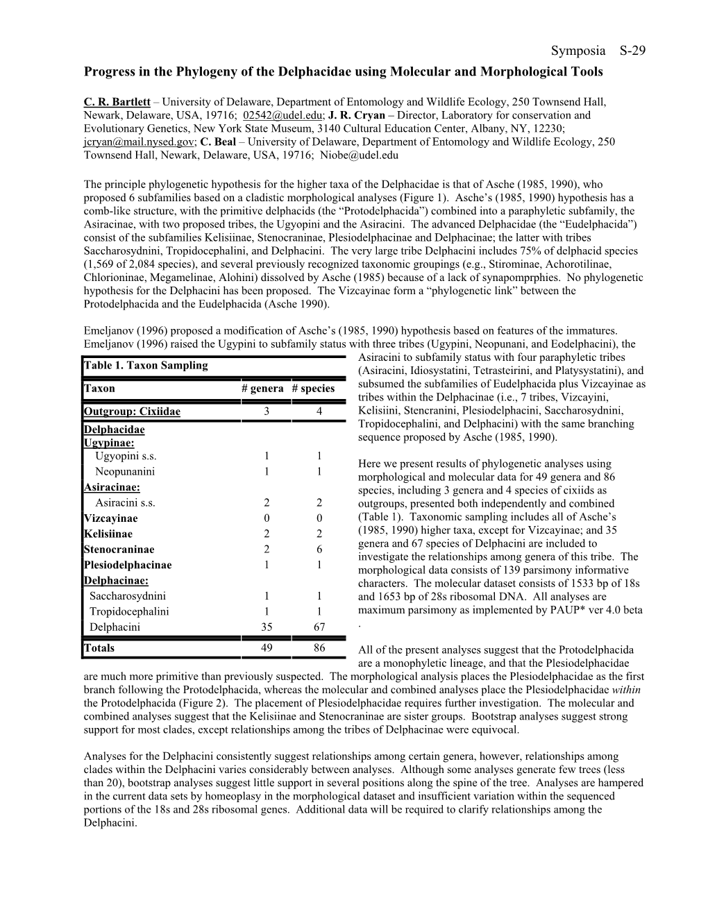 Symposia S-29 Progress in the Phylogeny of the Delphacidae Using Molecular and Morphological Tools