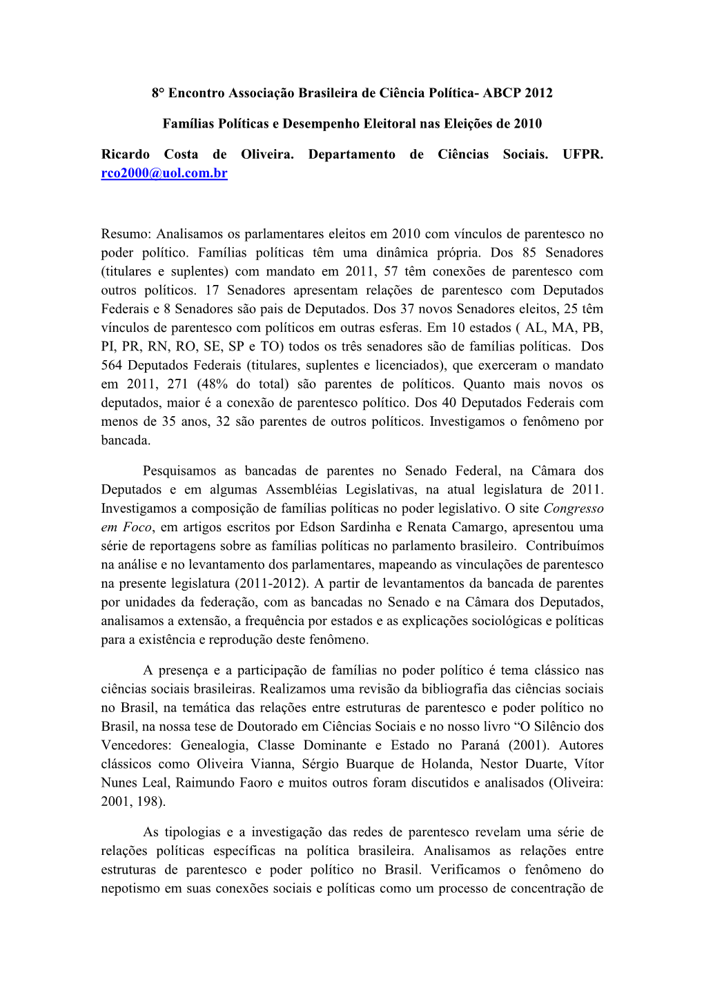 ABCP 2012 Famílias Políticas E Desempenho Eleitoral Nas Eleições