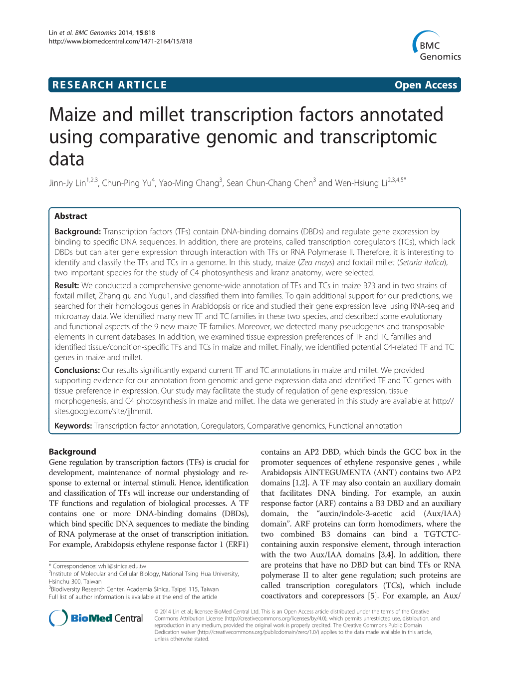 Maize and Millet Transcription Factors Annotated Using Comparative