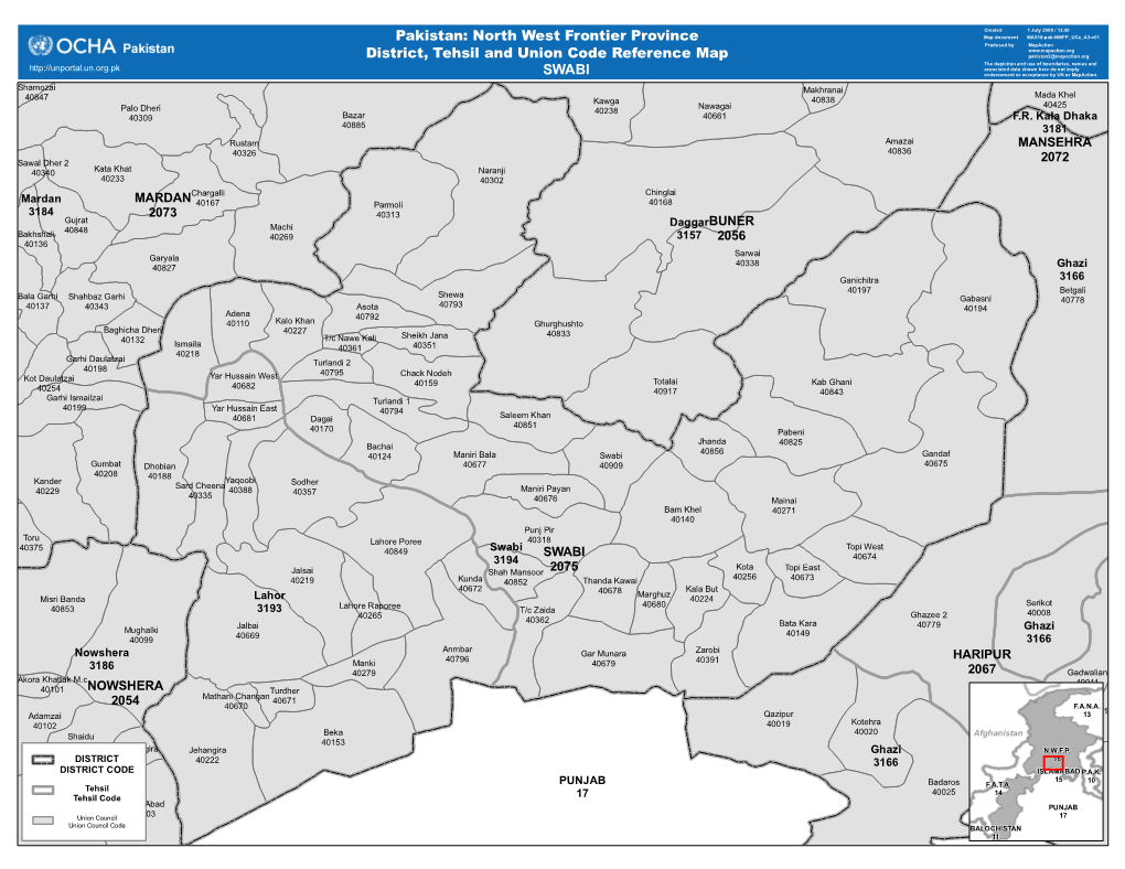 SWABI Pakistan: North West Frontier Province District, Tehsil and Union Code Reference