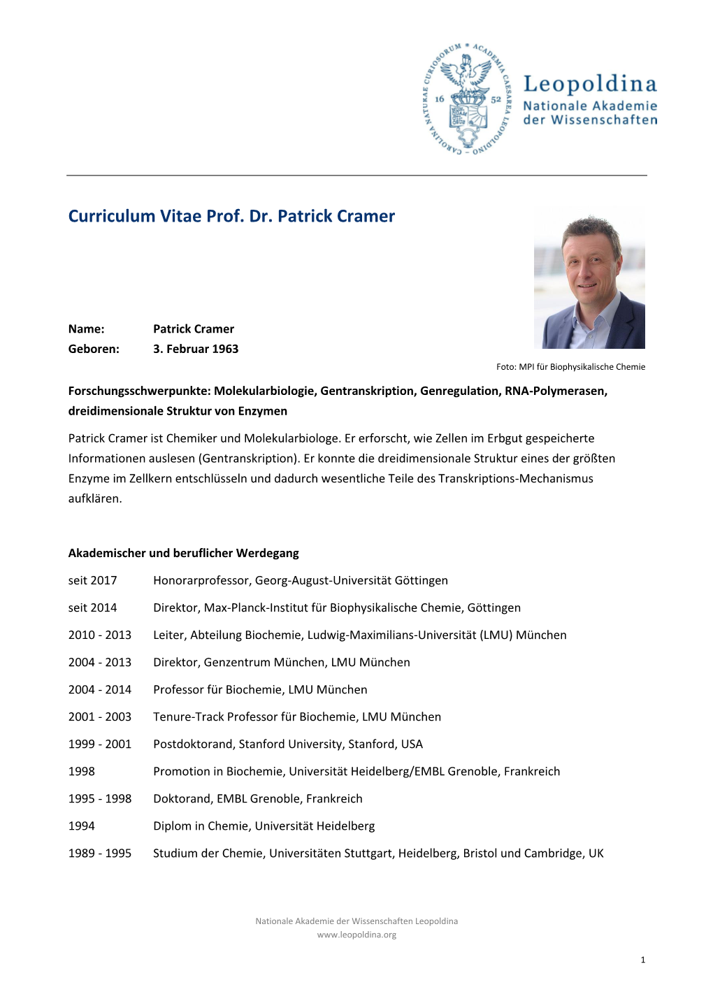 Curriculum Vitae Prof. Dr. Patrick Cramer