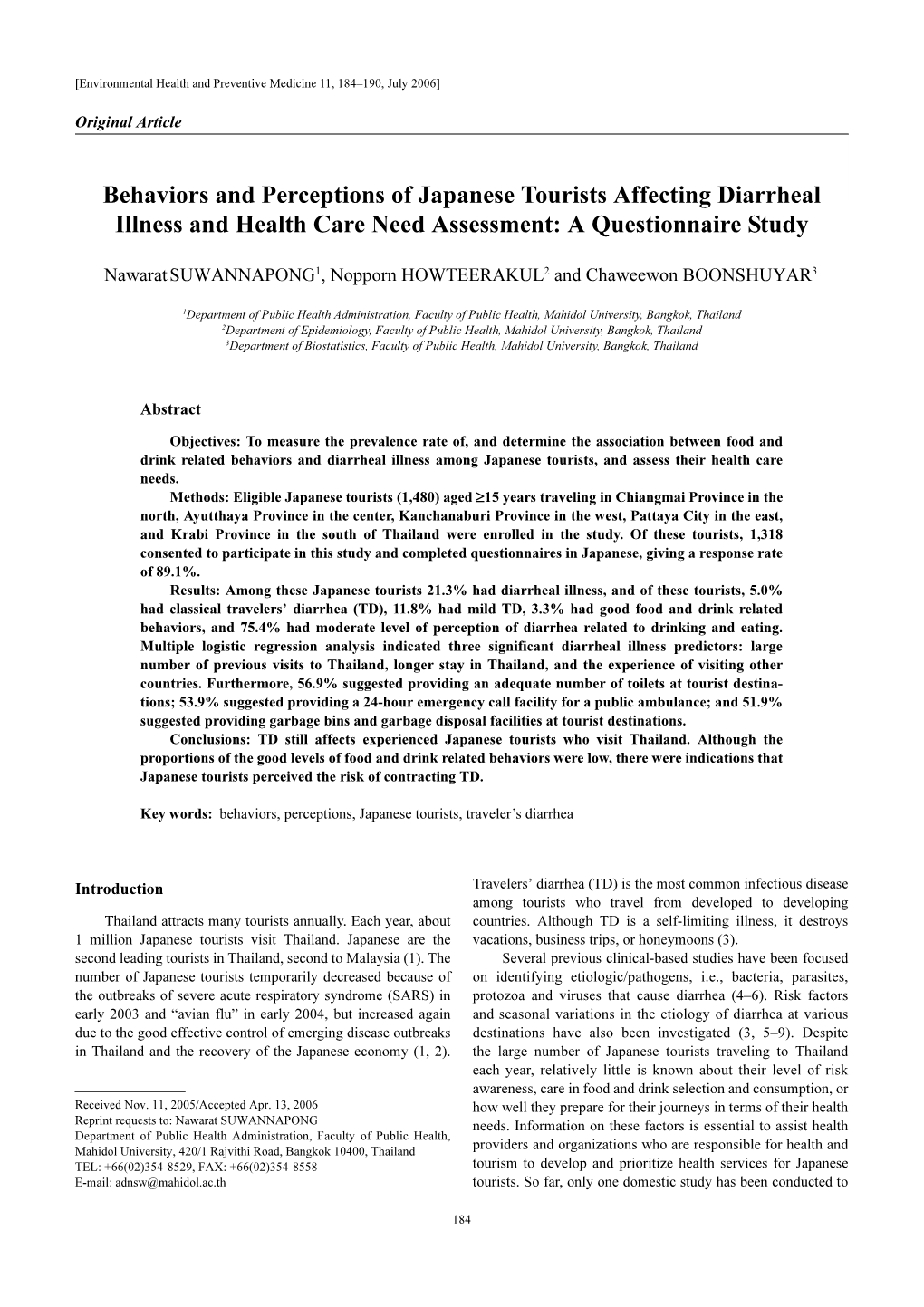 Behaviors and Perceptions of Japanese Tourists Affecting Diarrheal Illness and Health Care Need Assessment: a Questionnaire Study
